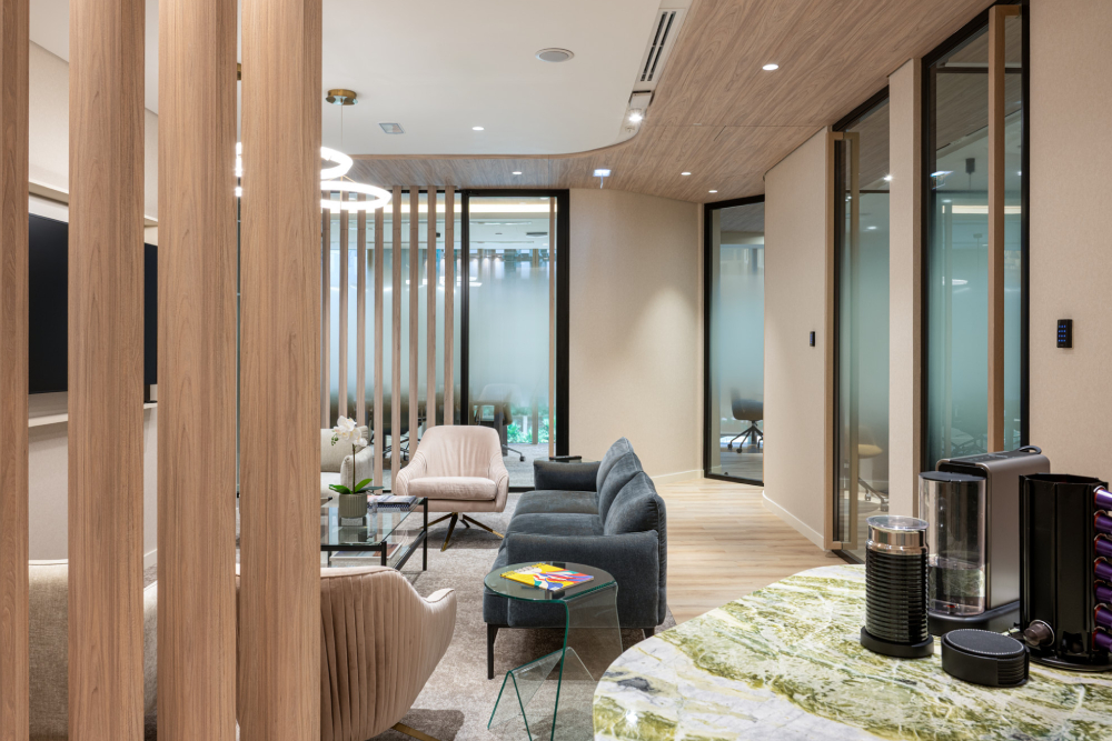 Corporate office interior at FFP DIFC CPT Towers in Dubai with modern lounge and meeting area